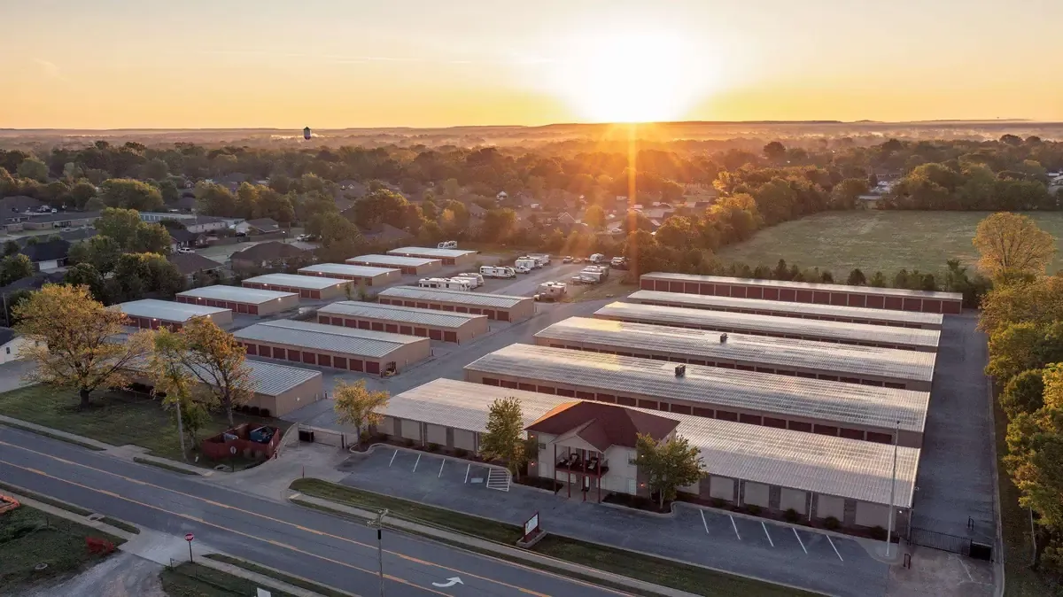 Aerial view of climate control and drive up self storage
