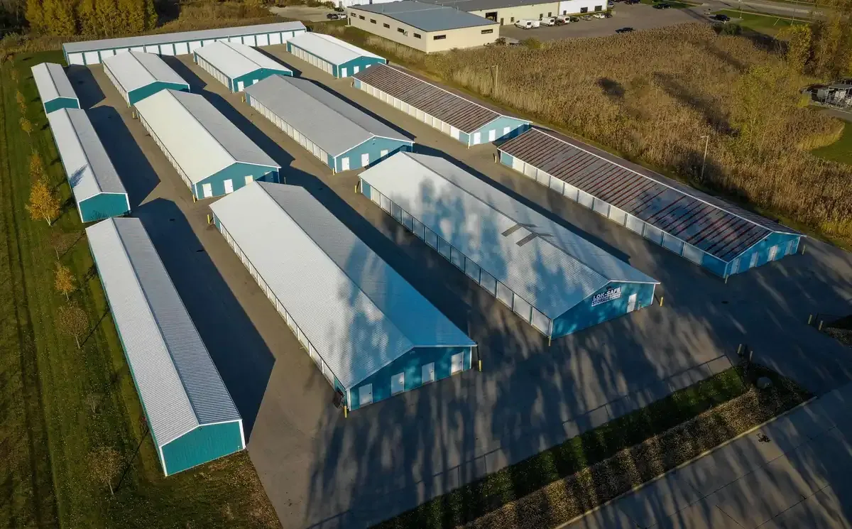 Aerial view of drive up self storage buildings