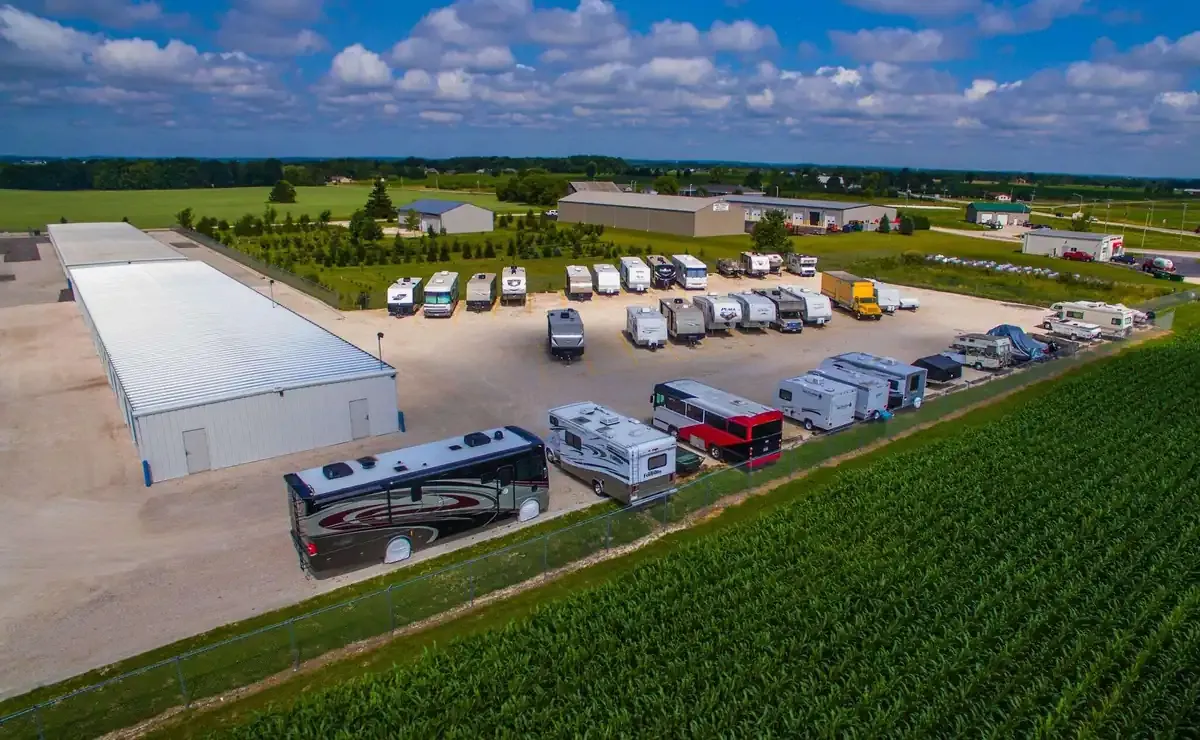 Aerial view of drive up self storage with boat rv trailer parking