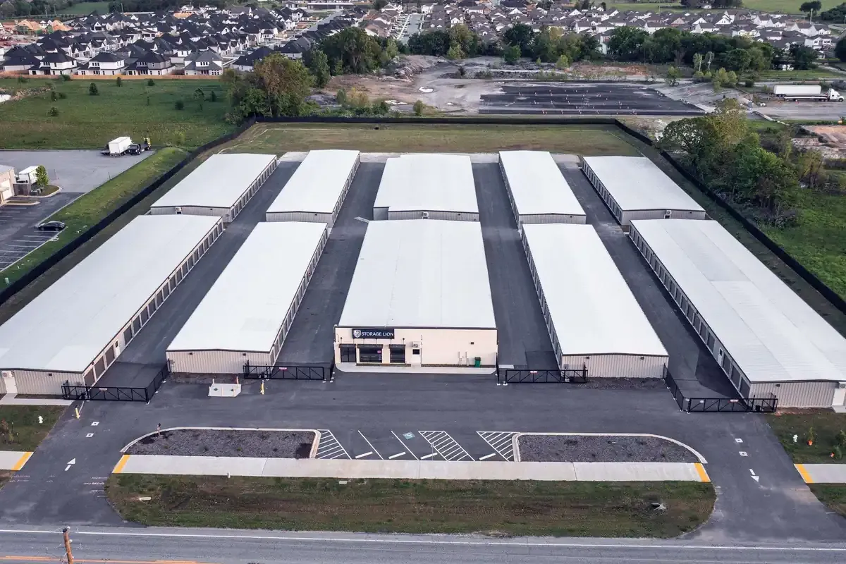 Aerial view of large drive up self storage facility
