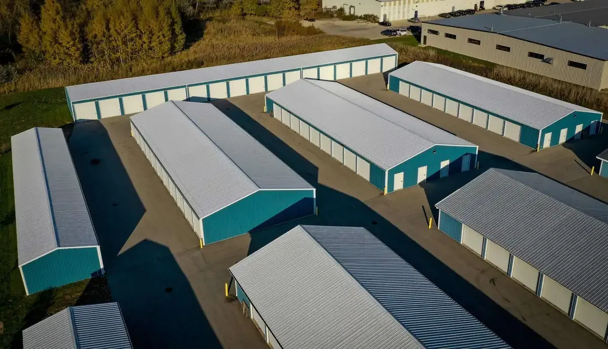 Aerial view of multiple drive up self storage buildings