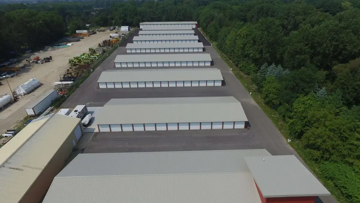 Aerial view of multiple drive up self storage units