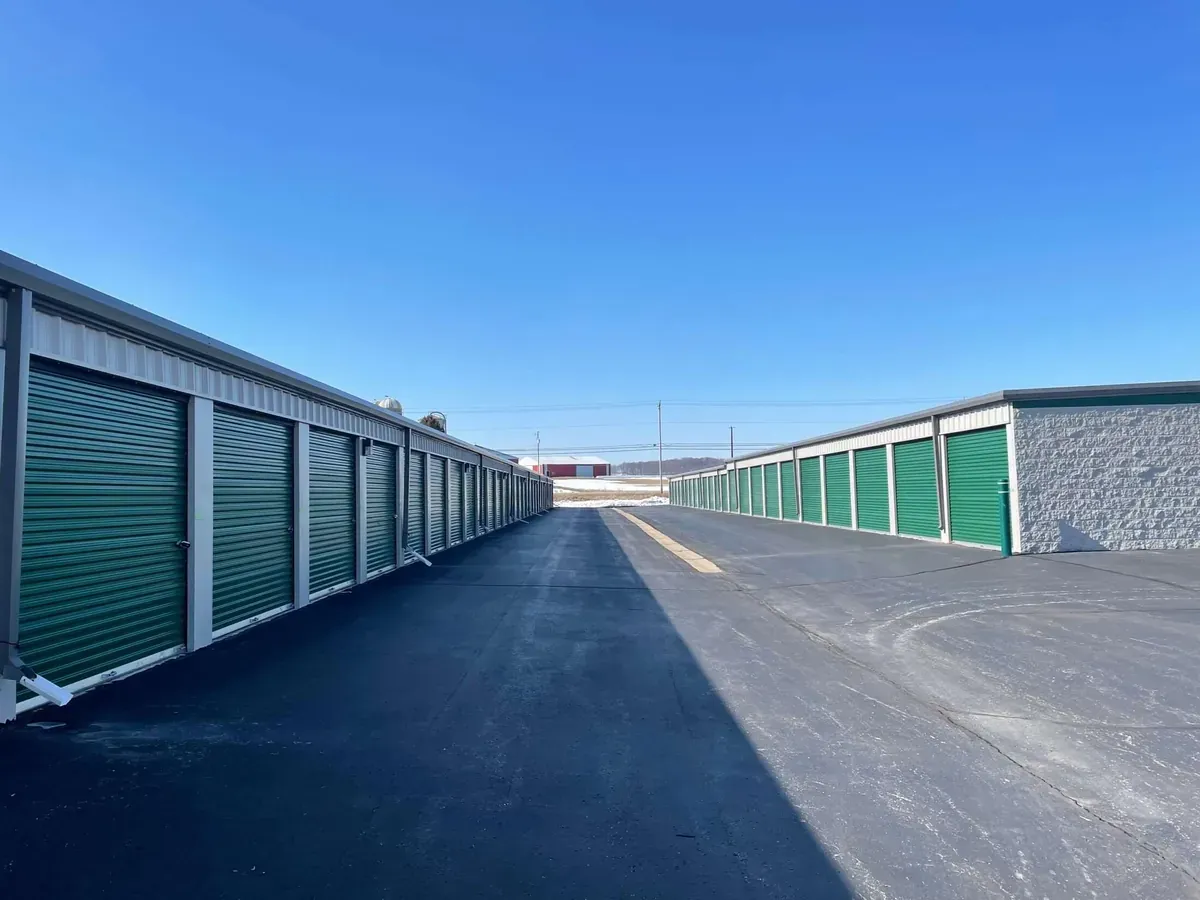 Row of storage units with green roll-up doors, separated by a paved driveway under a clear blue sky.