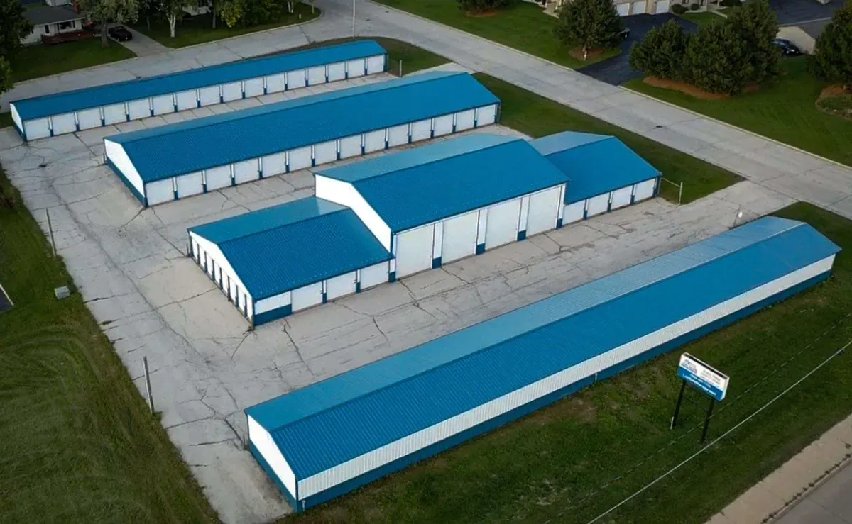 Drive up self storage facility aerial view
