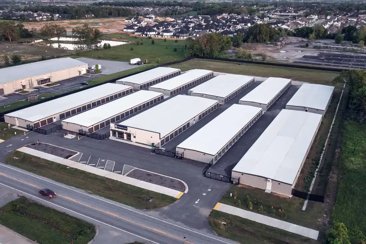 Drive up self storage facility buildings aerial view