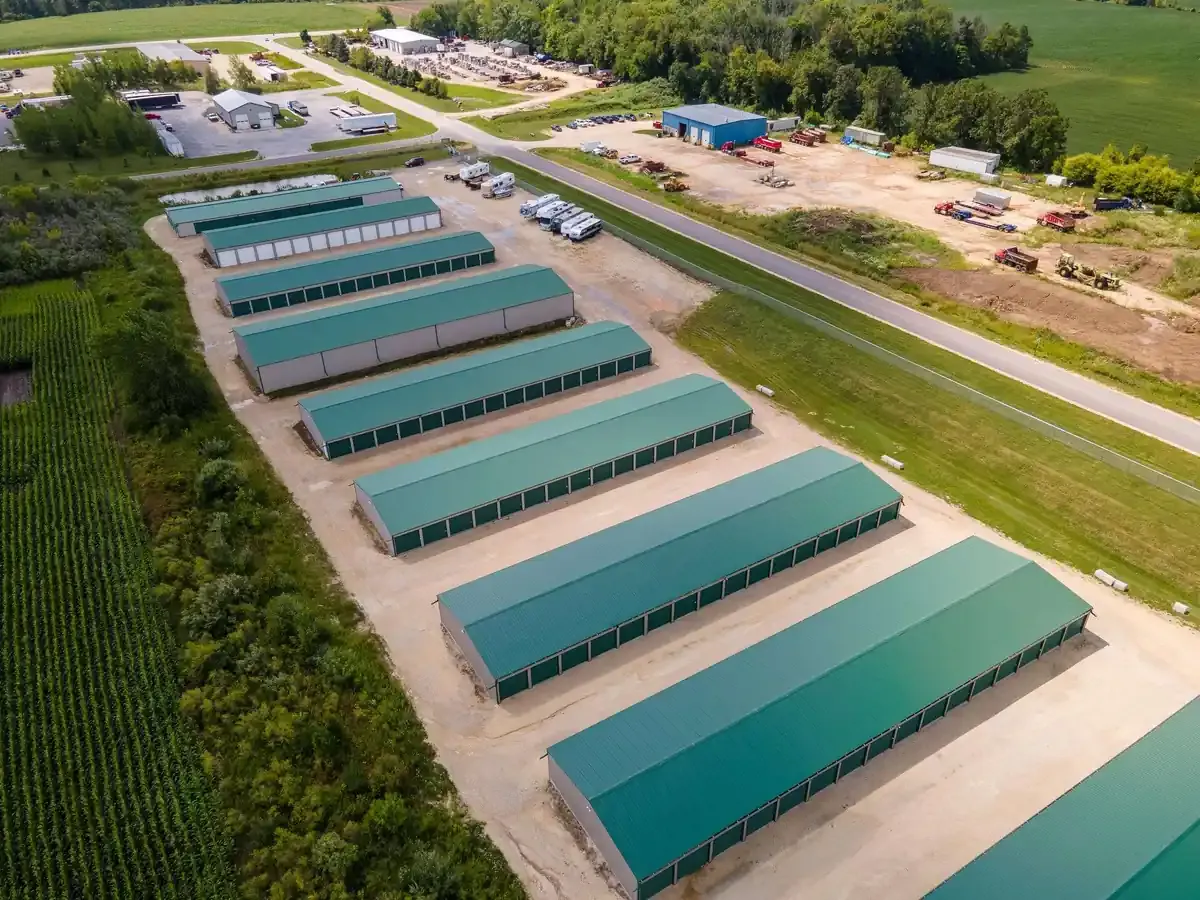 Drive up self storage facility with covered boat rv camper parking and uncovered parking