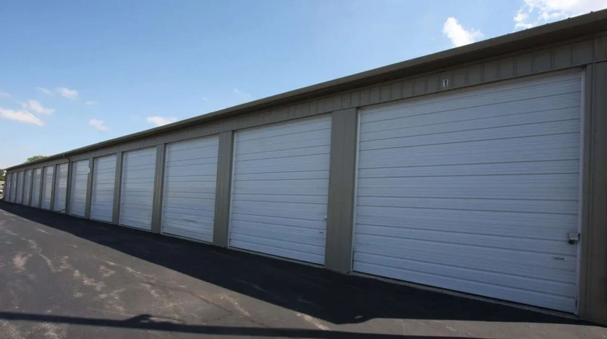 Row with multiple drive up self storage units