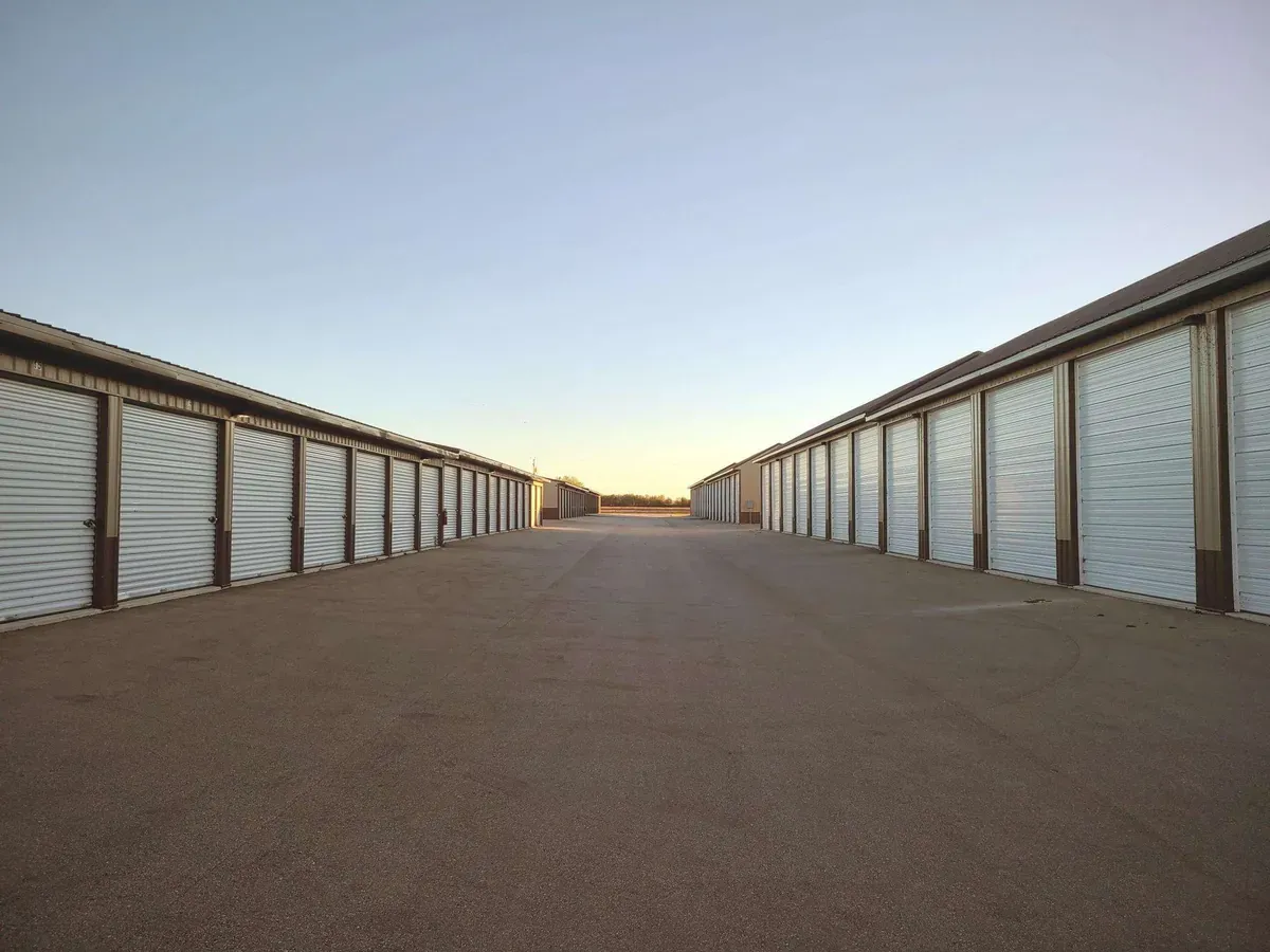 Row with multiple drive up self storage units