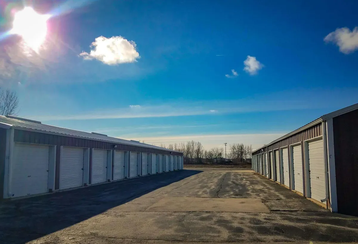 Row with multiple drive up self storage units