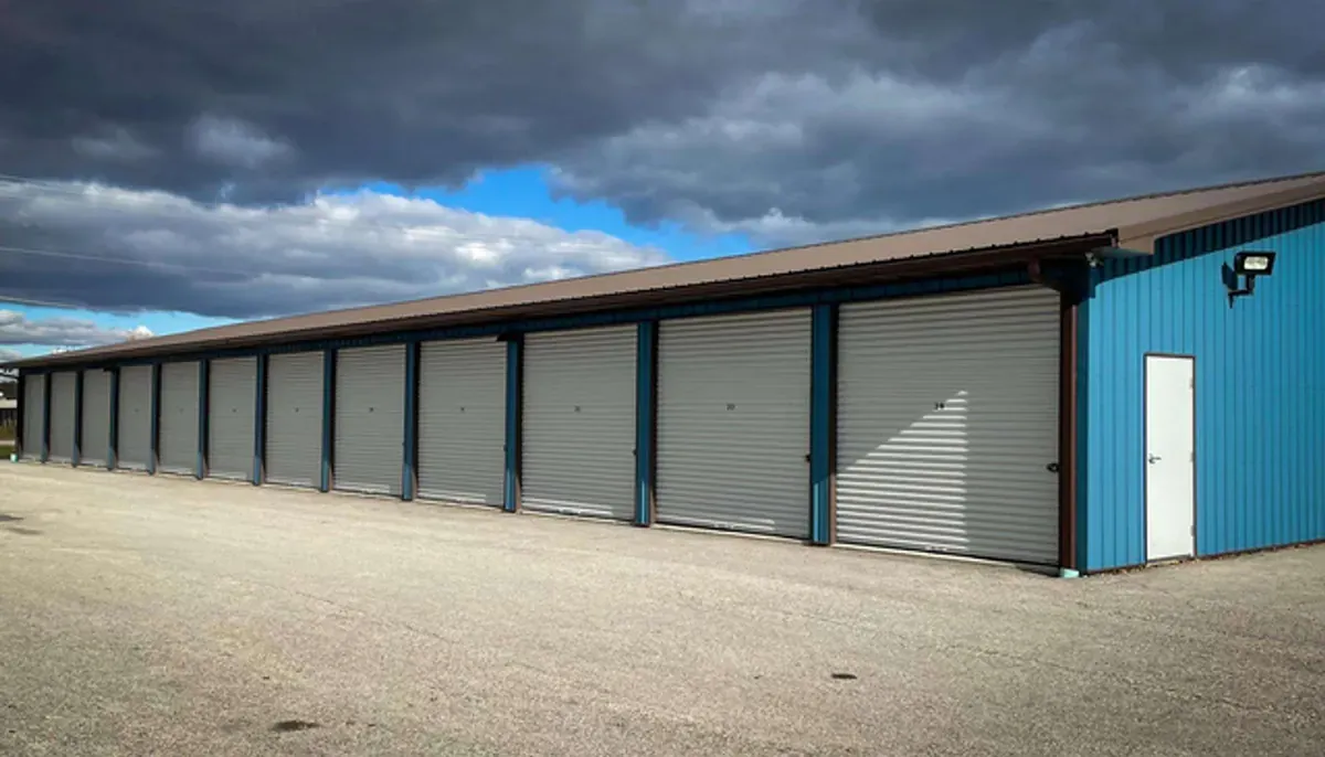Row with multiple drive up self storage units