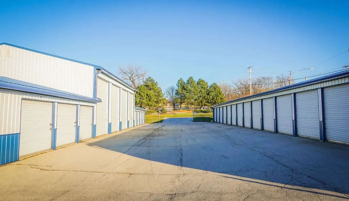 Row with multiple drive up self storage units