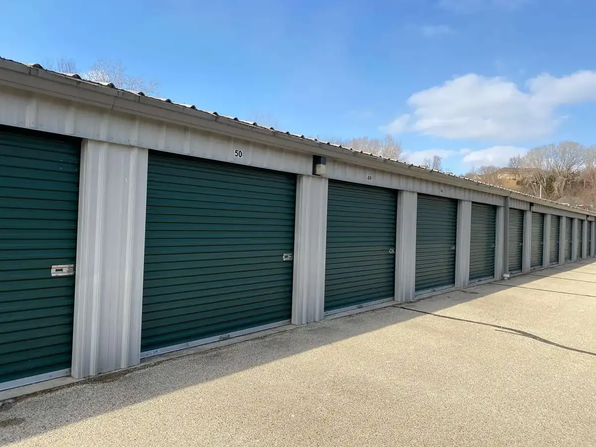 Row with multiple drive up self storage units
