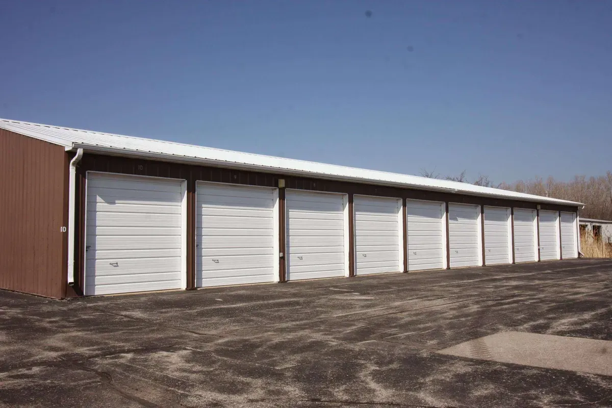 Row with multiple easy access drive up self storage units