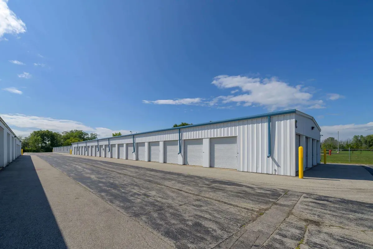 Rows of drive up self storage units