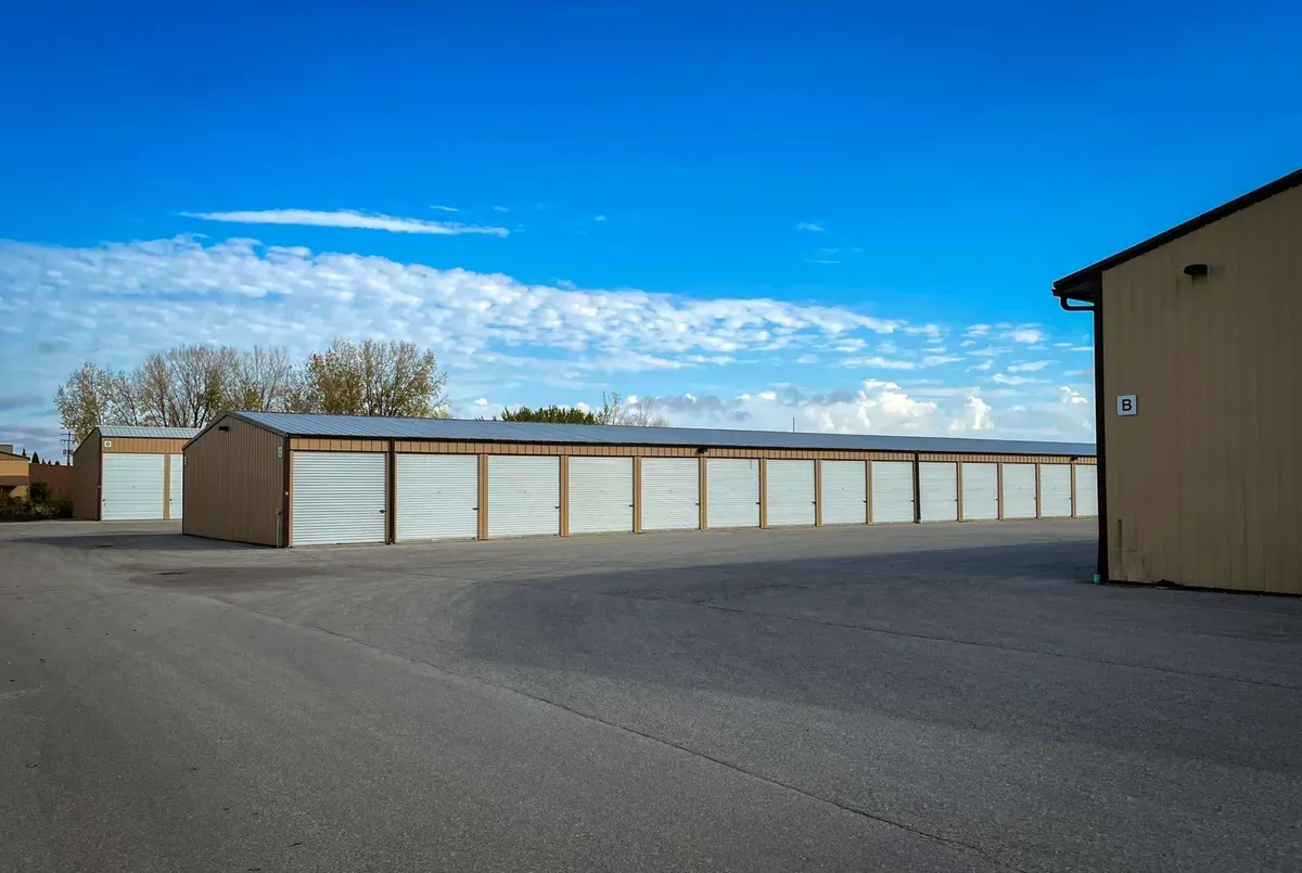 Rows of drive up self storage units with easy access