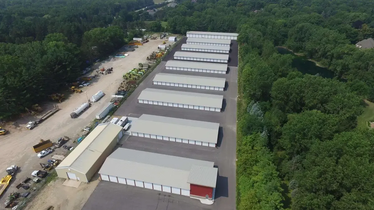 Rows with multiple drive up self storage buildings
