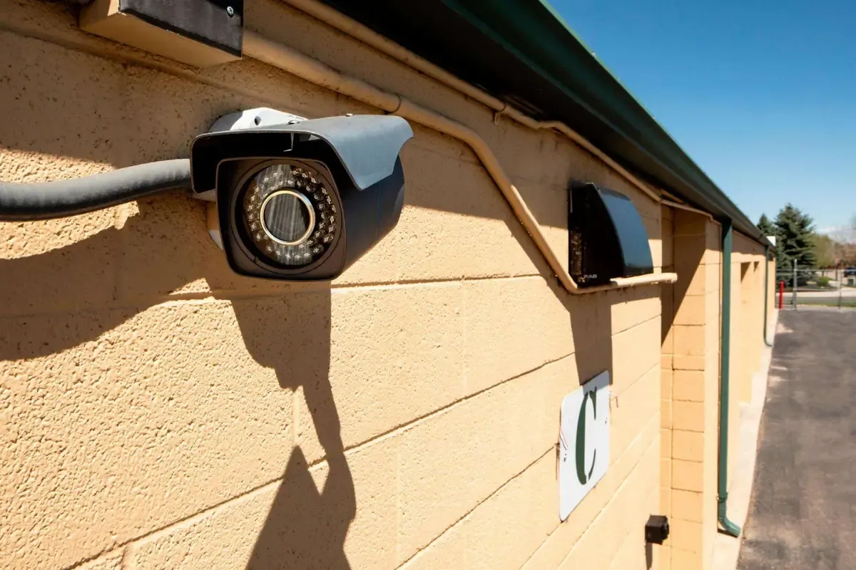 Security cameras on side of drive up self storage building